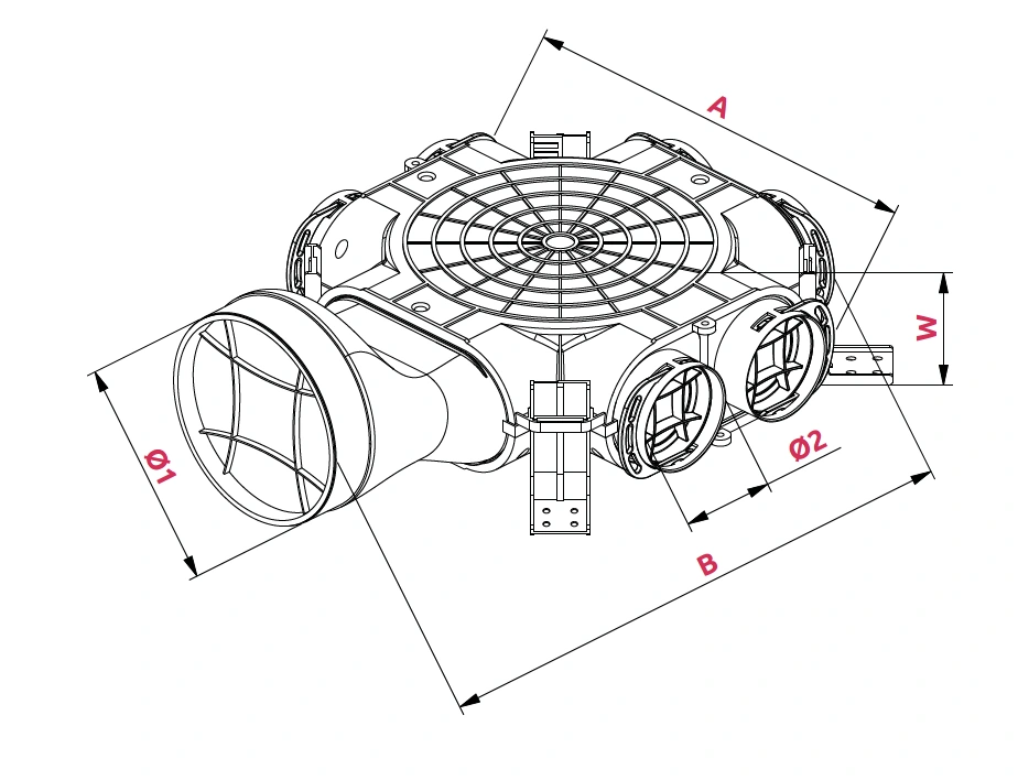 Dimenzije: Razdelilna komora s stranskim priključkom Ø 160/125 – 6x75