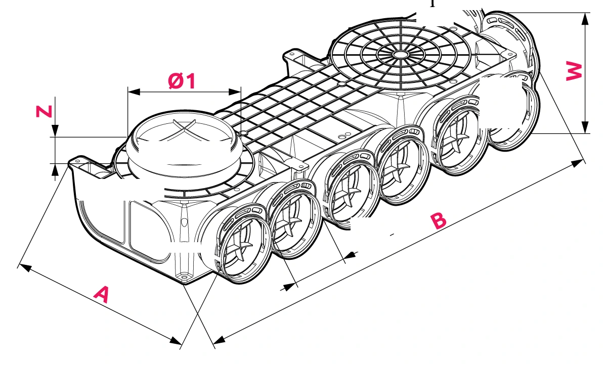Dimenzije: Kotna razdelilna komora Ø 160/200 – 8x75 – leva