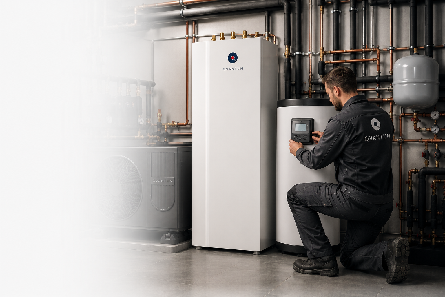 Instalater programira Qvantum toplotno črpalko v kurilnici