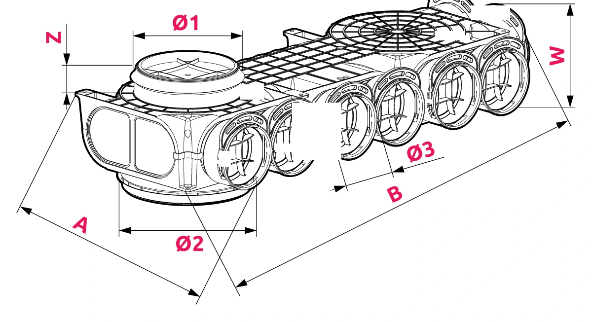 Dimenzije: Prehodna kotna razdelilna komora TohusFlex Ø 160/200 – 8x75 – leva