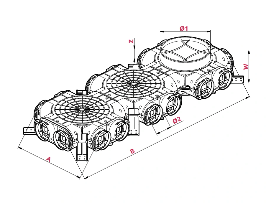 Dimenzije: Razdelilna komora Ø 200 – 16x75